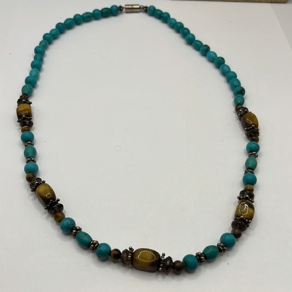 Tigers Eye Necklace Turquoise Howlite Beads Silver Tone Natural Tones - Picture 7 of 8